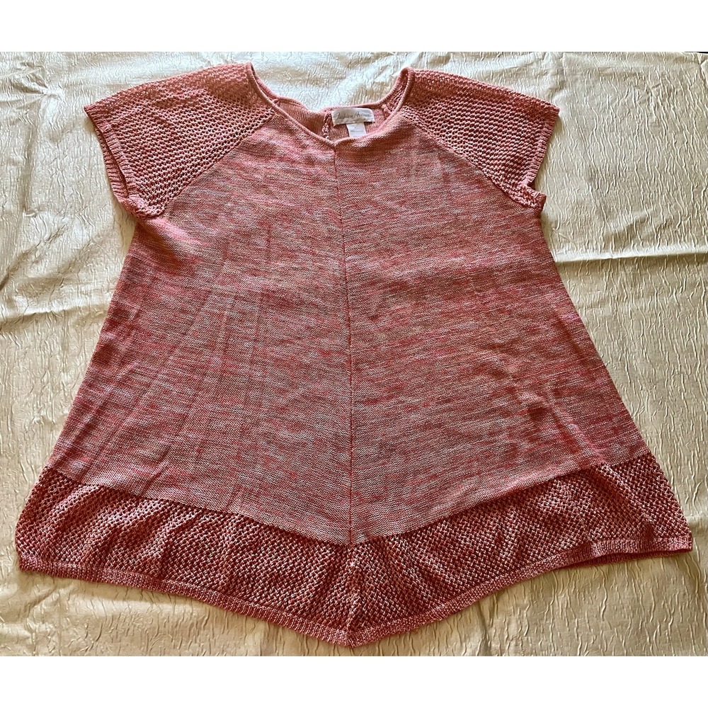 Fashion Avenue Coral Pink Marl Knit Sharkbite Hem Top Crochet Trim Womens 1X